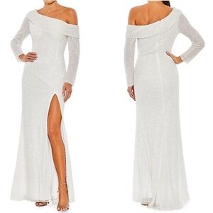 Mac Duggal Sequined One-Shoulder glam Gown white 14 plus women’s gown new